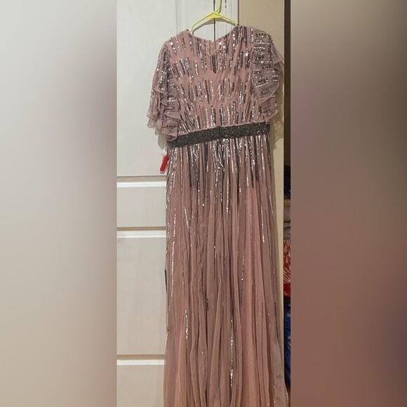 Mac Duggal Blush Sequin Embellished Full Length Layered Sleeve Gown Dress - Picture 12 of 13